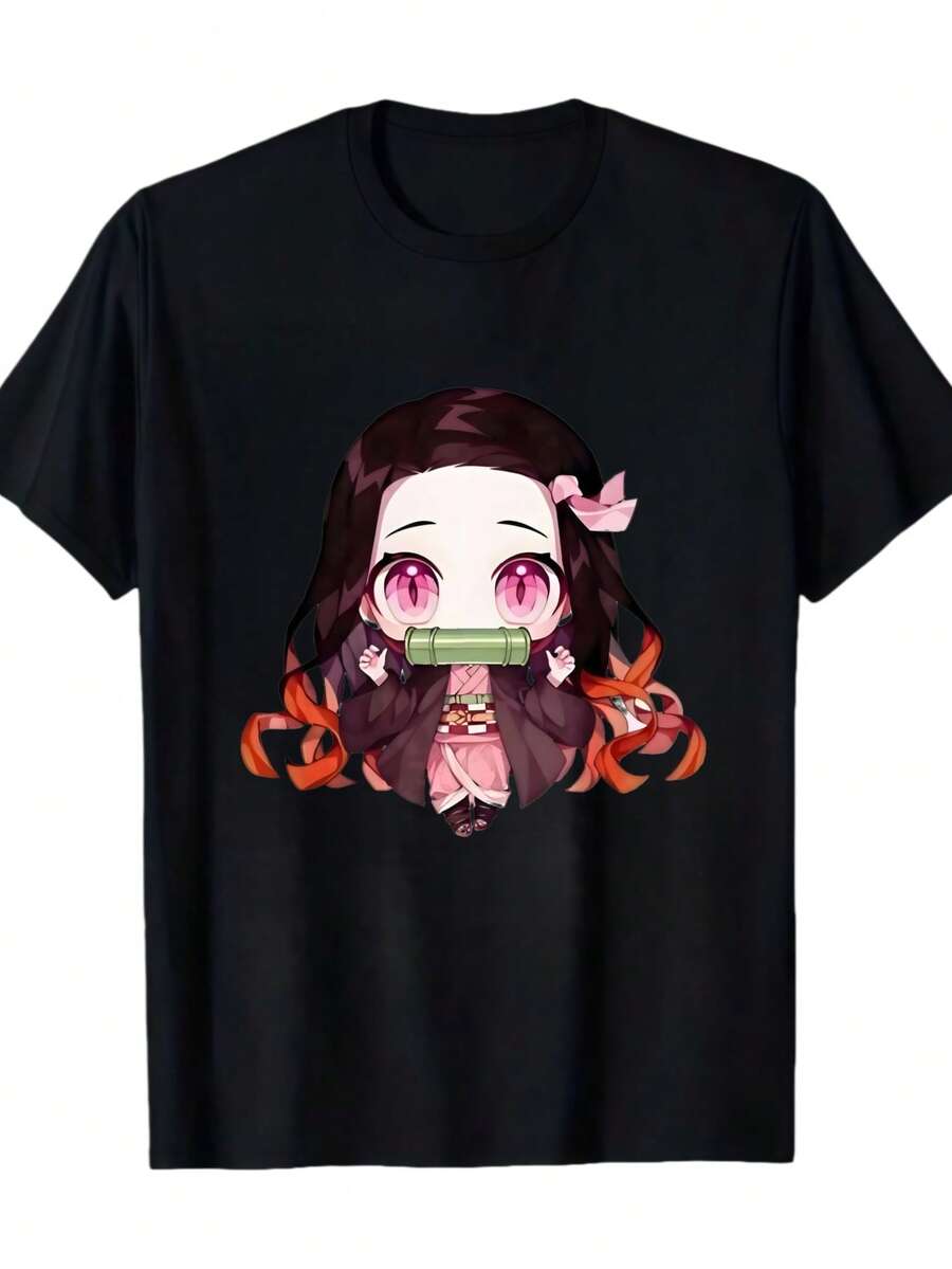 A Casual Printed Round Neck Pullover Short Sleeved T-Shirt Nezuko Kid Slayers Anime Manga Demon Ladies' Crewneck T-Shirt T-Shirts Bring Joy And Happiness To Every Child - 黑色4 - 查看 1