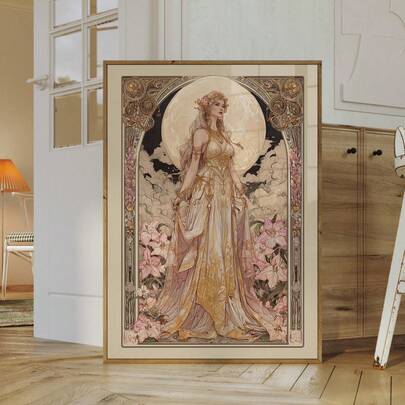 1pc Frameless Art Nouveau Moon Goddess Wall Art, Bohemian Selene Poster With Ethereal Floral Details, Mystical Lunar Decor, Celestial Aesthetic Print, Witchy Bedroom Decor, Spiritual Gift For Women, Vintage Moon Phase Art