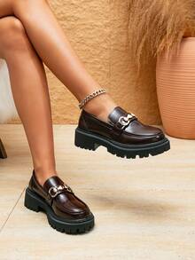 女士厚底乐福鞋，新款秋季复古英伦风学生休闲软底黑色简约时尚搭扣一脚蹬鞋 - 棕色 - 查看 2