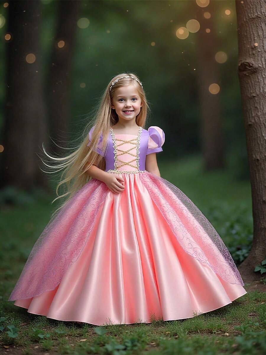 Young Girl Short Sleeve Princess Dress For School, Stage Activities, Birthday, Wedding, Party, Excluding Headband - Hồng - Xem 1