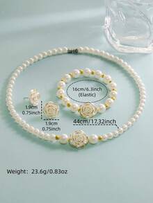 1 套优雅浪漫花朵仿珍珠设计项链、手链、耳环 4 件珠宝适合女性、女孩、学生、办公室女士、日常穿着、派对、约会、情人节礼物、妈妈、母亲、母亲节、礼物 - 金色 - 查看 11