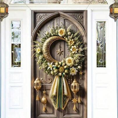 1pc Ramadan Crescent Moon & Star Wreath Banner, Multiple Styles Available, Golden Ramadan Background Cloth, Suitable For Ramadan Decoration, Front Porch Decor, Indoor Home Entrance Decor, Room Beautification