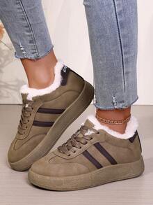 1 par de zapatos deportivos con forro cálido de moda para adolescentes, fabricados con material cómodo con diseño de rayas clásico, detalles de cuello cálido y acogedor, adecuados para uso casual o deportivo en otoño/invierno, agregando vitalidad y estilo para los adolescentes - Café integral - Ver 6