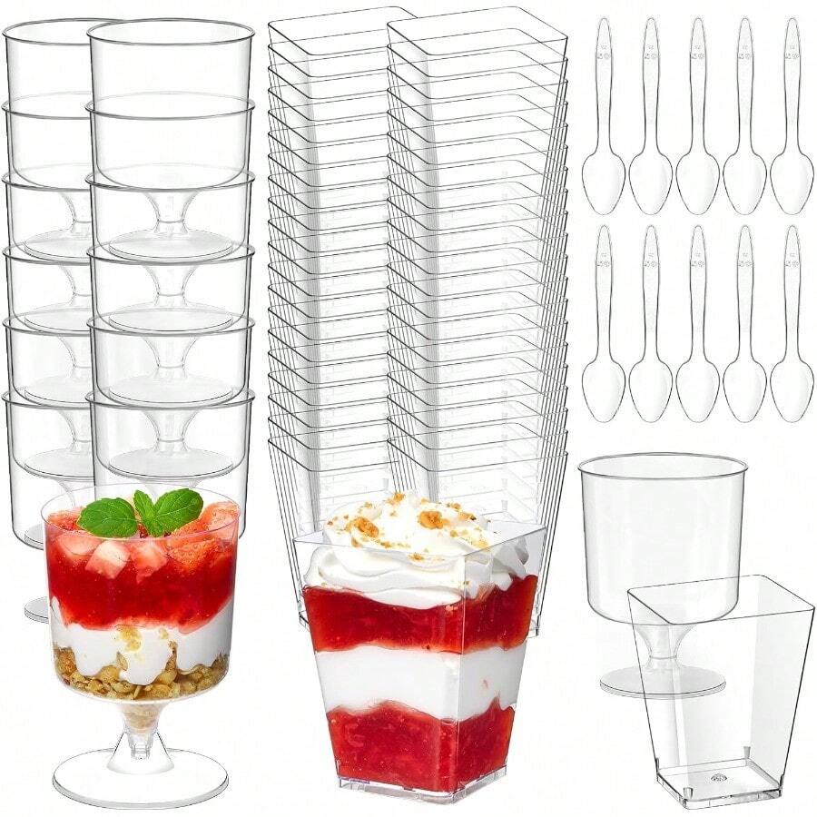 Mini Plastic Dert Cups With Spoons 200 Pcs Serves 100 5 OZ Square And 5 OZ Goblet Dert Shooters Small Party Serving Cups For Parfait Appetizers Dert Shot Glasses Set - SquareGoblet100Pack - Xem 1