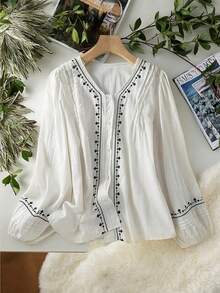 Damen Vintage bestickerte, weite Boho Bluse, halbtransparente Baumwoll-Lässig-Tops für Frühling und Herbst, Weißes Hemd, Weiße Bluse - Weiss - Übersicht 3