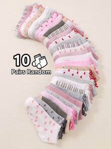 20双随机颜色条纹爱心图案儿童运动短袜，柔软轻盈低帮无缝袜，四季皆宜，舒适百搭，纯色袜，船袜，女童袜 - 彩色 - 查看 14