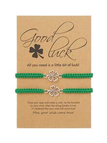 2件套圣帕特里克节绿色幸运四叶草编织手链套装，女士时尚手工编织友谊手链饰品配饰派对礼物 - 綠色 - 查看 15