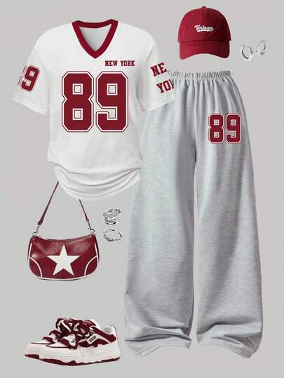 少女字母印花V领短袖T恤和阔腿裤休闲套装