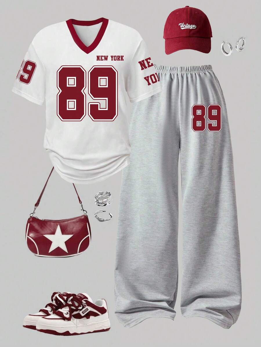 少女字母印花V领短袖T恤和阔腿裤休闲套装 - 白色 - 查看 1