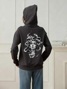 Sudadera con capucha de ajuste holgado con estampado gráfico y forro térmico para mujer, de moda y de manga larga, para invierno - Gris Oscuro - Ver 2