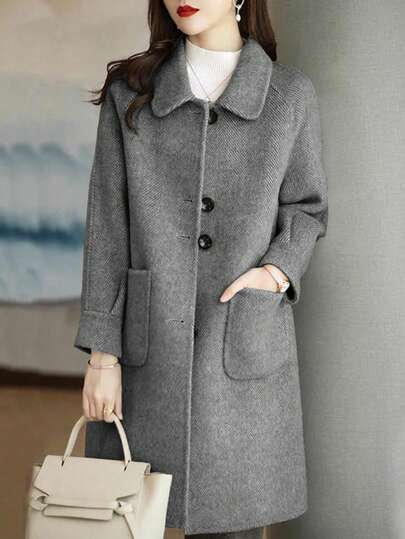 女士纯色前扣口袋休闲长袖羊毛混纺外套