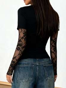 1 pezzo Maglietta da donna in tessuto a maglia con stampa floreale e inserti in pizzo, adatta per uso quotidiano - nero - Visualizzare 4