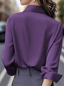 Women's Solid Color Long Sleeve Button-Down Shirt - Casual Office Weekend Top, Suitable For Work, Daily Wear, Autumn/Winter/Spring/Summer, All-Season Versatile - Purple - View 4
