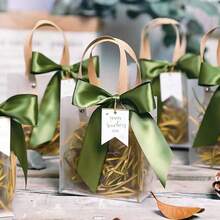 1/5/10pcs Premium Gift Bags, Thick Frosted Transparent Handled Bags With Ribbon & Raffia, Suitable For Souvenirs, Candy Bags, Valentine's Day, Birthday Gifts Packaging - Green - View 2