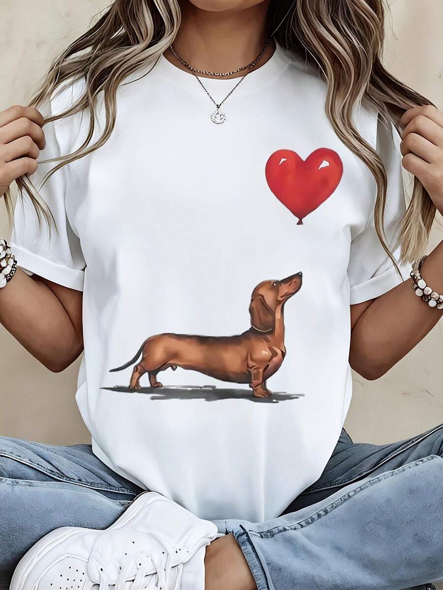 Dachshund Dog With Heart Balloon Graphic T Shirt Women Casual Summer Top White - 白色 - 查看 1
