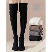 4 Pairs, Over The Knee Socks For Women In All Seasons, Long Knee Socks For Spring And Autumn, High-Top Pregnant Women, Non-Slip, Non-Squeezing Calf Socks For Winter - màu đen - Xem 1