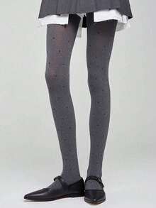 1pc Velvet Black Polka Dot Pantyhose, Retro Fashion Wear, Grey Cozy Tights - Grey - View 1