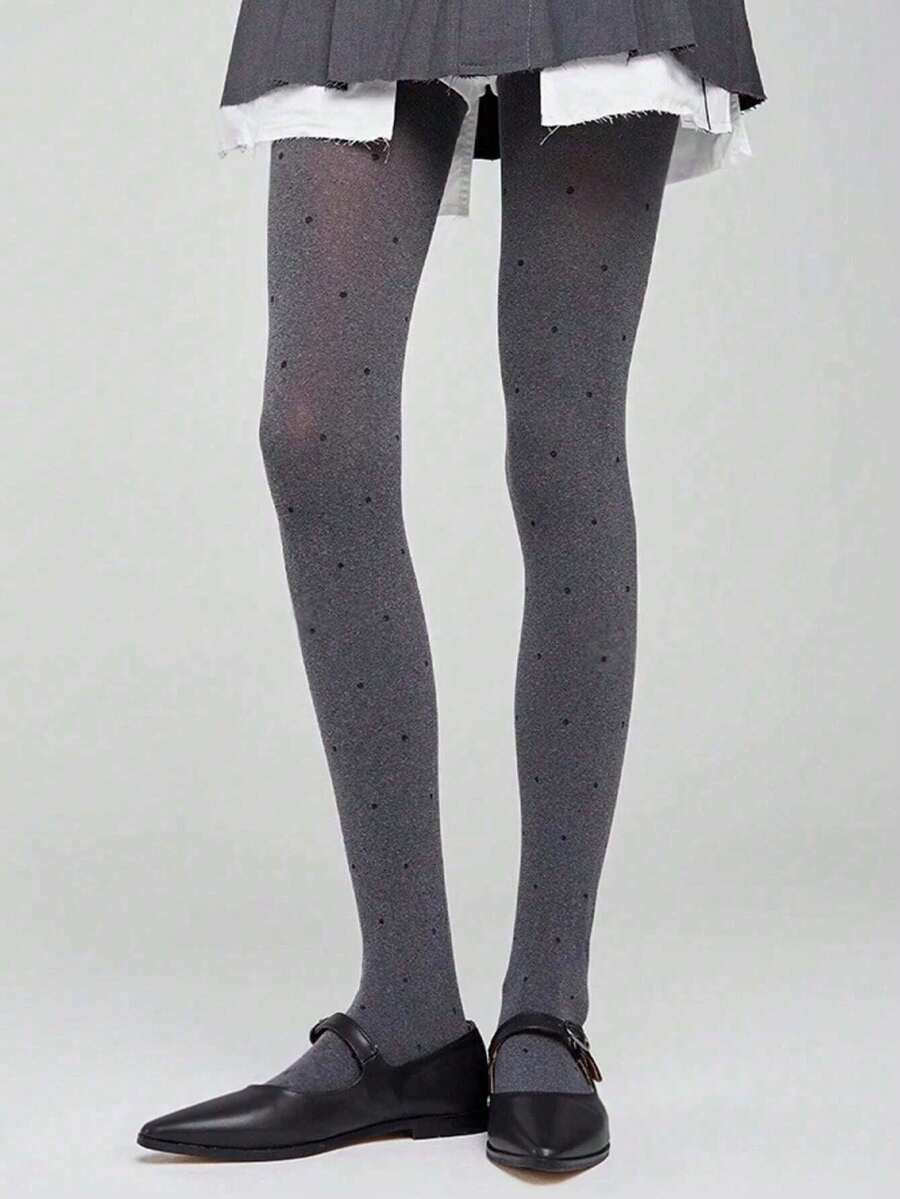 1pc Velvet Black Polka Dot Pantyhose, Retro Fashion Wear, Grey Cozy Tights - Grey - View 1