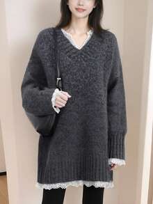 女式宽松V领蕾丝边中长套头衫，秋冬 - 深灰色 - 查看 3