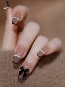 24pcs Medium Length False Nails Black French Metallic Chain Rhinestone Nails Black Bow Nail Stickers + Jelly Gel + Nail File