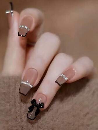 24pcs Medium Length False Nails Black French Metallic Chain Rhinestone Nails Black Bow Nail Stickers + Jelly Gel + Nail File