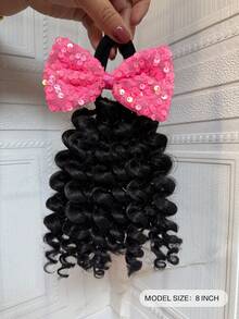 1 Peça Extensão de Cabelo Trançado com Laço Brilhante para Meninas, Acessórios de Cabelo, Varinha de Cachos para Crianças, 8 Polegadas - Preto - Visão 3