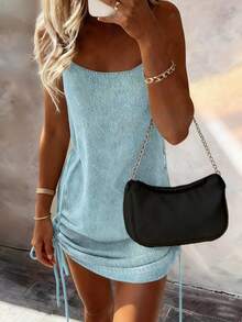 Women's Casual Elegant Sleeveless Tie-Up Knit Dress, Solid Color, Spring/Summer - Baby Blue - View 4