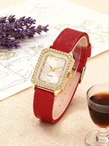 1 pieza Reloj de mujer minimalista con esfera rectangular de números romanos, correa de bambú, adecuado para combinar a diario, regalo de cumpleaños, aniversario, promoción de fin de año, Día del Soltero, promoción de Halloween y otros regalos festivos - Rojo - Ver 3