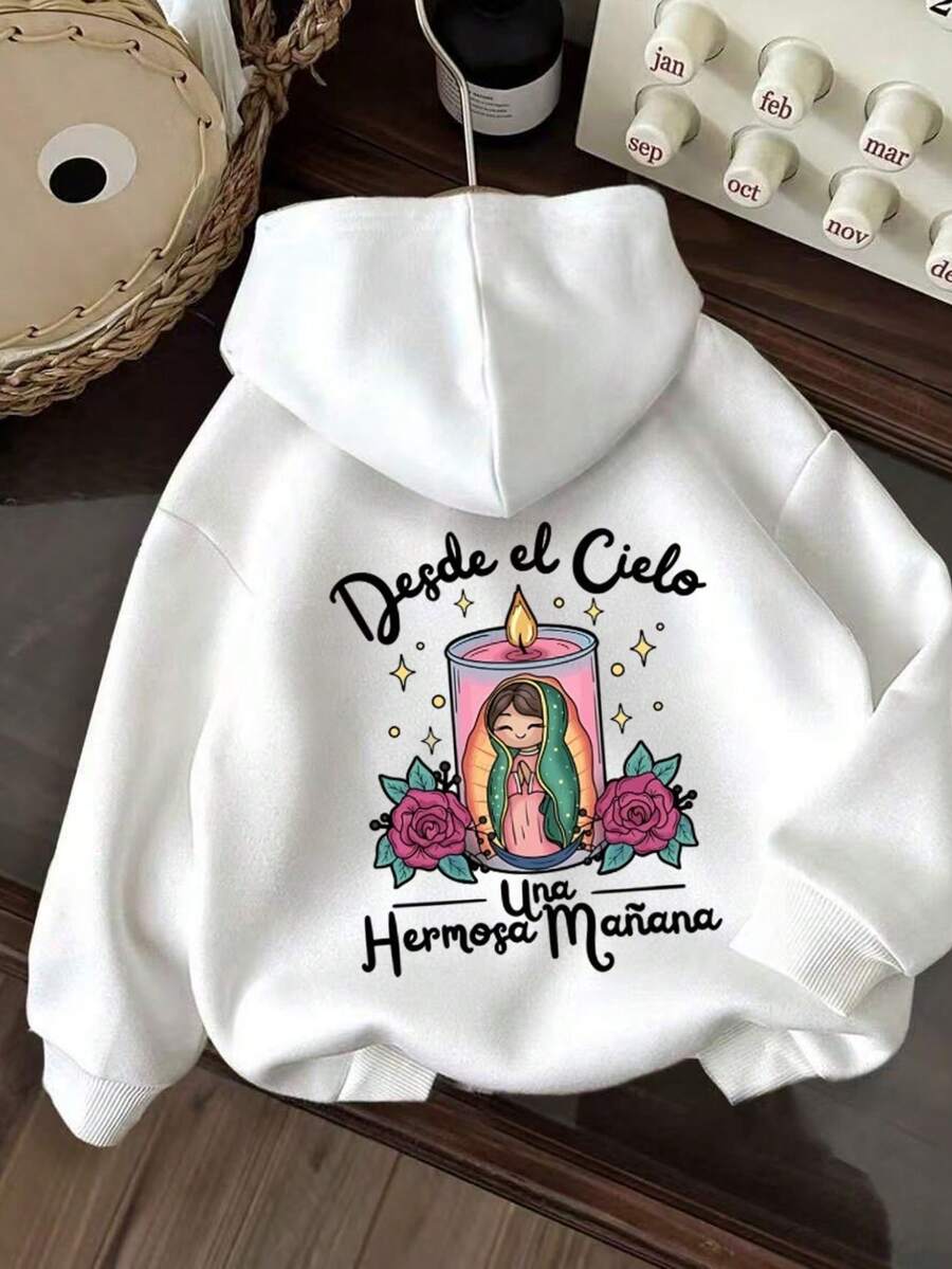 Sudadera con Capucha de Arte Popular Mexicano para Mujer - Estampado en Español y de Nuestra Señora de Guadalupe, Cómoda Sudadera con Capucha y Cordón para Otoño/Primavera, Ropa Cultural Lavable a Máquina - Blanco - Ver 1