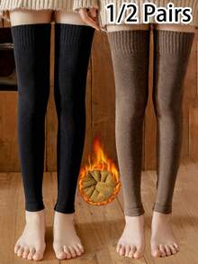 1 Pair/2 Pairs Women Thick Thermal Lined Leg Warmers, Soft Comfortable Everyday, Solid Color Over-The-Knee Leg Warmers, Suitable For Home, Sports, Sleep, Autumn/Winter