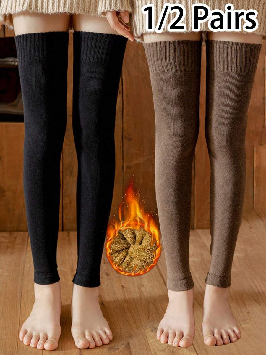 1 Pair/2 Pairs Women Thick Thermal Lined Leg Warmers, Soft Comfortable Everyday, Solid Color Over-The-Knee Leg Warmers, Suitable For Home, Sports, Sleep, Autumn/Winter