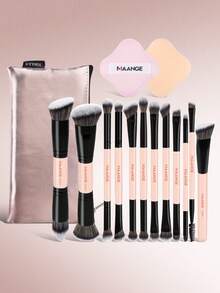 MAANGE 4/3/8/11/12件套专业化妆刷套装，包含双头面部化妆刷、斜角粉底刷、轮廓刷、腮红刷、散粉刷、眼影刷、遮瑕刷、高光刷和晕染刷，并附赠化妆包。化妆工具采用柔软纤维材质，方便携带，是旅行的理想之选。 - 杏色 - 查看 18