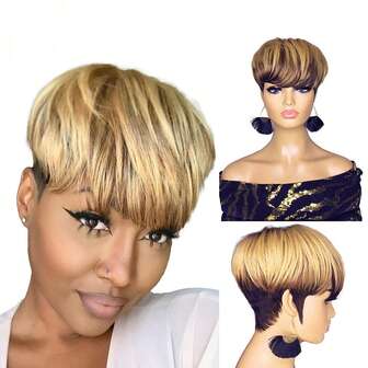 Pixie Cut Wig For Women Human Hair Layered 1B/4/27 Colored Wig Real Human Hair Short Wig For None Lace Front Full Machine Made Pixie Wig For Women Haircut Glueless Wigs For Christmas, Thanksgiving Day, Halloween Costumes, Cosplay, Party Wig, Daily Use