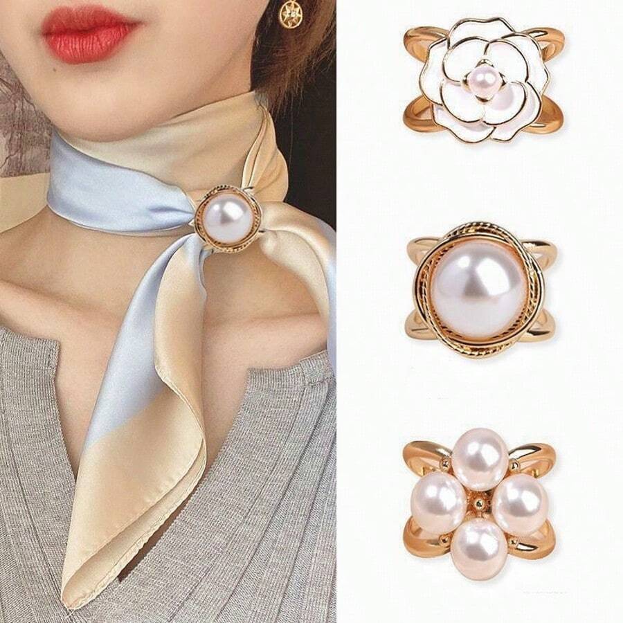 3 piezas Hebilla de combinación de bufanda de seda con perlas falsas doradas de moda para mujer, anillo de nudo en la esquina, hebilla fija multifuncional para bufanda - botón de bufanda - Ver 1