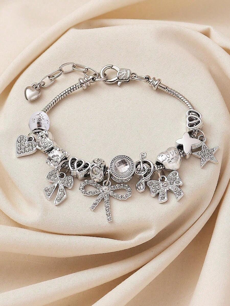 1pc Luxury Elegant Brand Fashion Handmade Beaded Crystal Bow, Star & Music Symbol Adjustable Copper Bracelet For Teen, Suitable As Gift For Ladies, Bars, Nightclubs, Traveling, Parties, Casual Everyday Wear - Multicolor - View 1