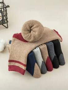 5 Pairs Men's Mid-Calf Socks, Khaki, Light Grey, Dark Grey, Navy, Black, Warm And Windproof, Suitable For Autumn/Winter, Home, Outing, Cycling, Sports For Young Adults (18-40 Years Old) - Multicolor - View 5