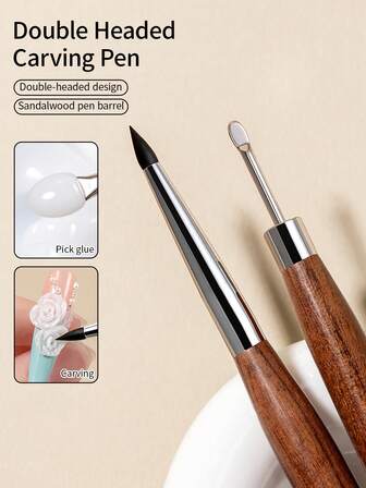 RS NAIL RSNAIL Double Headed Nail Art Carving Pen,Silicone Soft Rubber Tip&Metal Nail Mixing Gel Pen,Rosewood Handle,Sculpture Tools For Nail Shaping Drawing Painting DIY 3D Nail Designs Powder Application,Multi-Function Nail Detail Brush