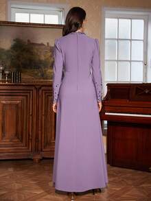 女士纯色葡萄紫伞裙摆修身长裙，立领，缀以精美串珠，尽显精致优雅，适合春季婚礼和派对穿着。 - 紫色 - 查看 3