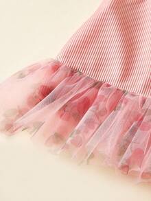 PETSIN 1pc Knitted Mesh Patchwork Pet Dog Princess Dress, Elegant Pink Cherry Print Camisole Dress For Small Dogs