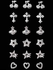 48件套Y2K风格银合金水晶水钻心形星星卫星十字架美甲装饰套装，暗黑亚文化炫目摇滚朋克3D美甲及手机壳装饰配件，手工DIY装饰，美甲饰品，美甲水钻及装饰礼品美甲用品 - 銀色 - 查看 5