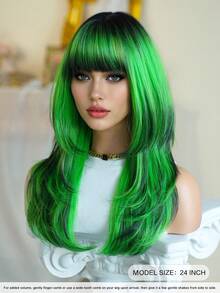 7JHH WIGS 这款24英寸绿色黑色渐变长款层次假发，带刘海，专为女性设计，深色发根，采用柔软耐热纤维全机织合成直发，适合派对、角色扮演、万圣节、音乐节等各种场合佩戴。 - 薄荷綠 - 查看 5