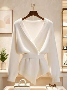 Áo len cardigan dáng rộng thời trang thu đông cỡ lớn, màu trơn, cổ chữ V có dây rút, thiết kế eo, kiểu dáng rộng, thích hợp cho du lịch ngoài trời, chụp ảnh, mặc đi chơi, mặc đi ăn trưa cho phụ nữ, quần áo mùa thu cho phụ nữ, áo len chui đầu - trắng - Xem 1