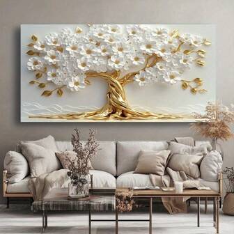 1 pieza Árbol de flores dorado Arte de pared abstracto moderno en lienzo para decoración de sala de estar, dormitorio, oficina y comedor - Estilo vintage y moderno Decoración del hogar Sin marco 50x100cm/19.68x39.37 pulgadas