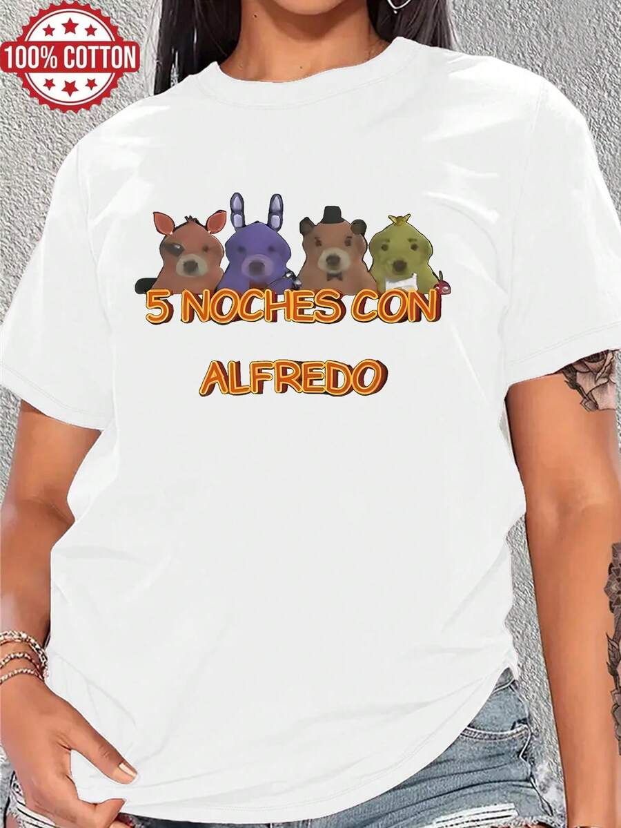 1PC 100% Cotton Four Animals Graphic Cute Crew Neck Short Sleeve TShirt for Women,Casual Summer Tee Tops Ladies Comfortable Fitted Shirt - Blanco - Ver 1