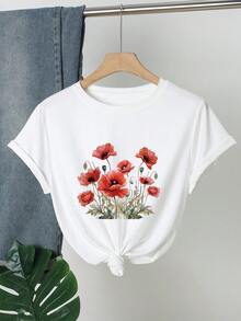 女士休闲花卉印花短袖T恤，夏季