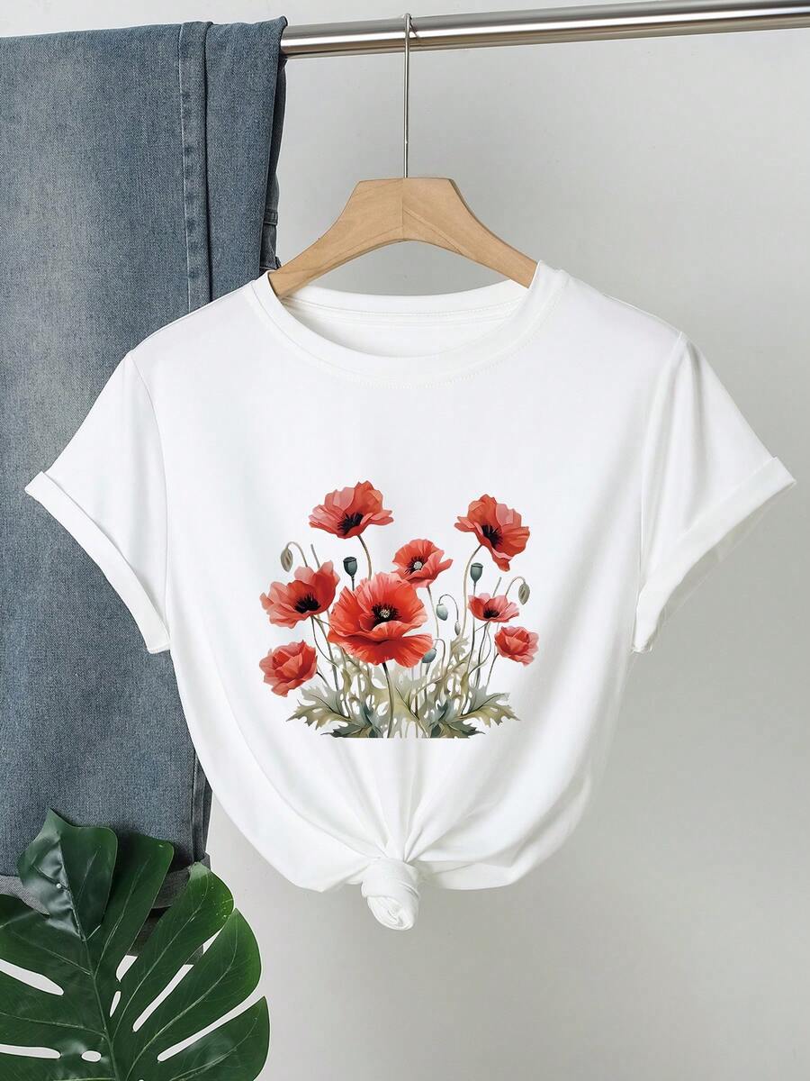 女士休闲花卉印花短袖T恤，夏季