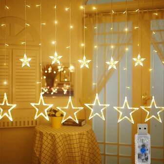 1个五角星形窗帘灯，120颗LED灯珠，USB供电，可选暖光和彩色光，仙女窗帘灯，节日灯饰，LED灯，彩色灯，排灯节日灯，节日灯饰及配件，星形窗帘灯，室内窗帘灯串