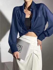 ELVA 女士纯色透视长袖翻领衬衫，简约时尚，常规版型，无弹力，优雅半透视衬衫，翻领设计，常规下摆，轻薄面料，标准袖长，适合秋冬季室内穿着，也适合情人节、新年、春节、约会、办公、商务等场合。 - 藏蓝色 - 查看 5