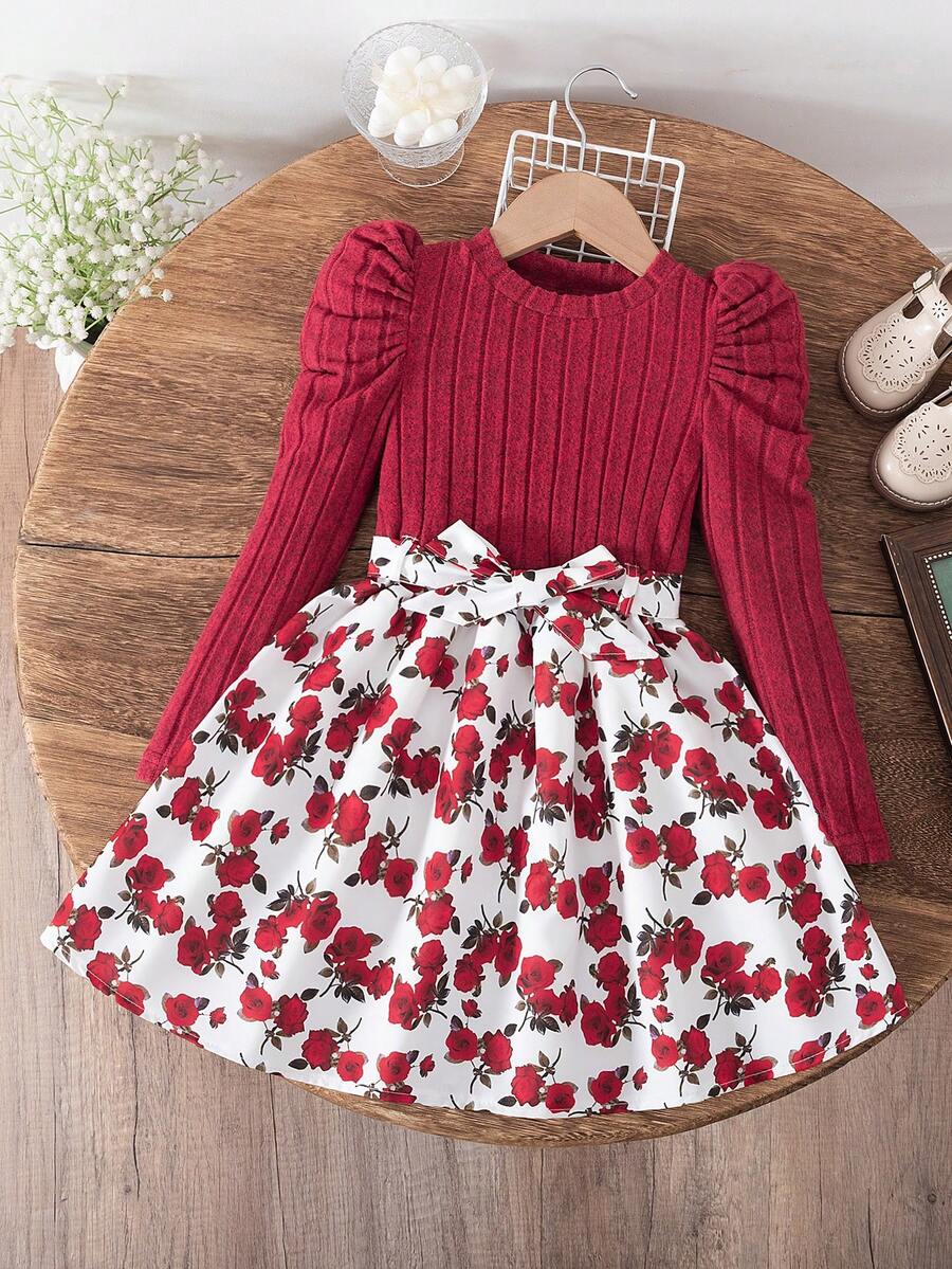 Young Girl' Fashion Casual Puff Sleeve Long Sleeve Fleece Print Dress + Matching Print Belt - Red - View 1