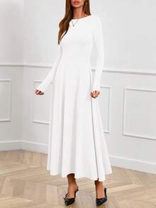 Women Fall Dresses Boat Neck Long Sleeve High Waist A-Line Flowy Knit Party Maxi Dress Spring Autumn Evening Formal Wedding Party Valentine Long Dress Outfits - 白色 - 查看 4